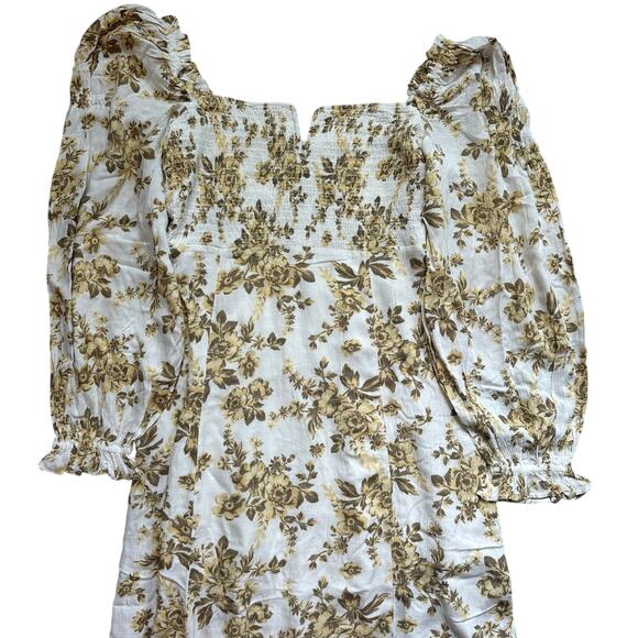 Free People Jaymes Cream Floral Printed Smocked V Neck Long Sleeve Midi Dress- M - Picture 4 of 12